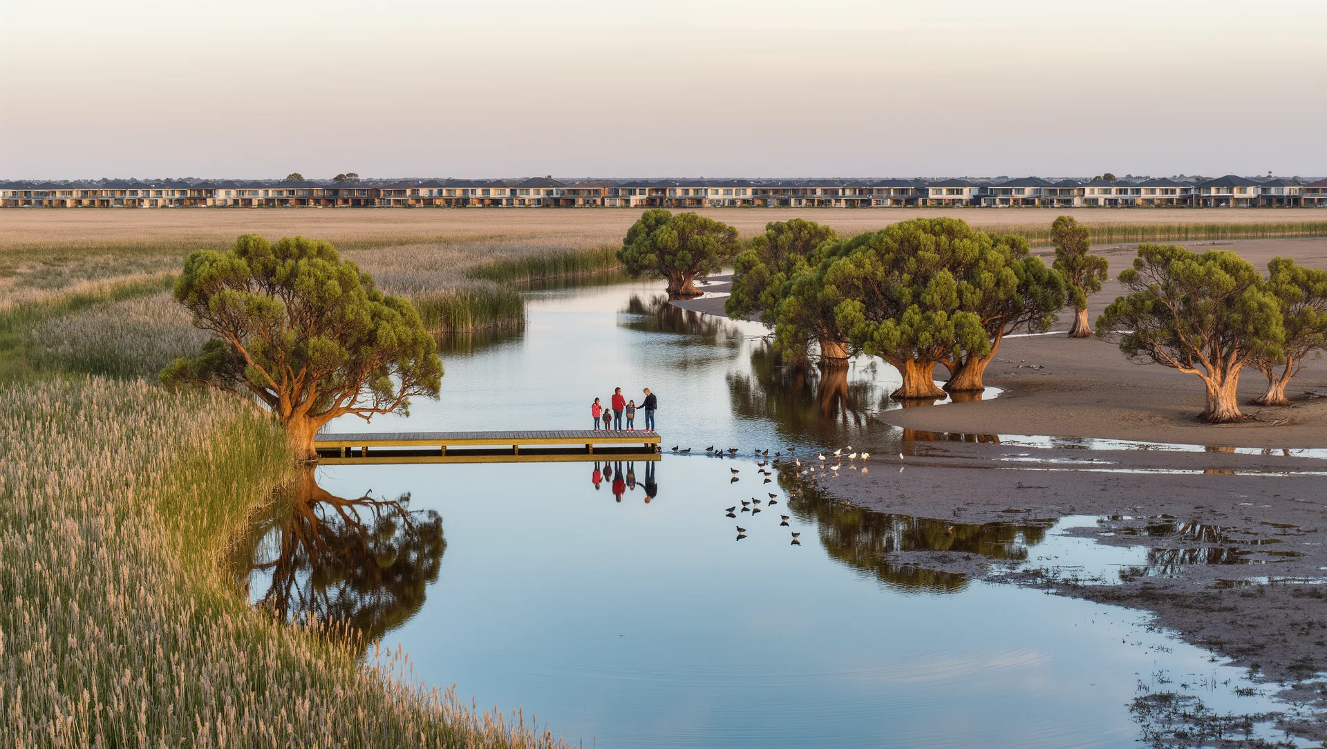 Cardinia Creek corridor with mature red-gums and a walking trail winding beside the water.