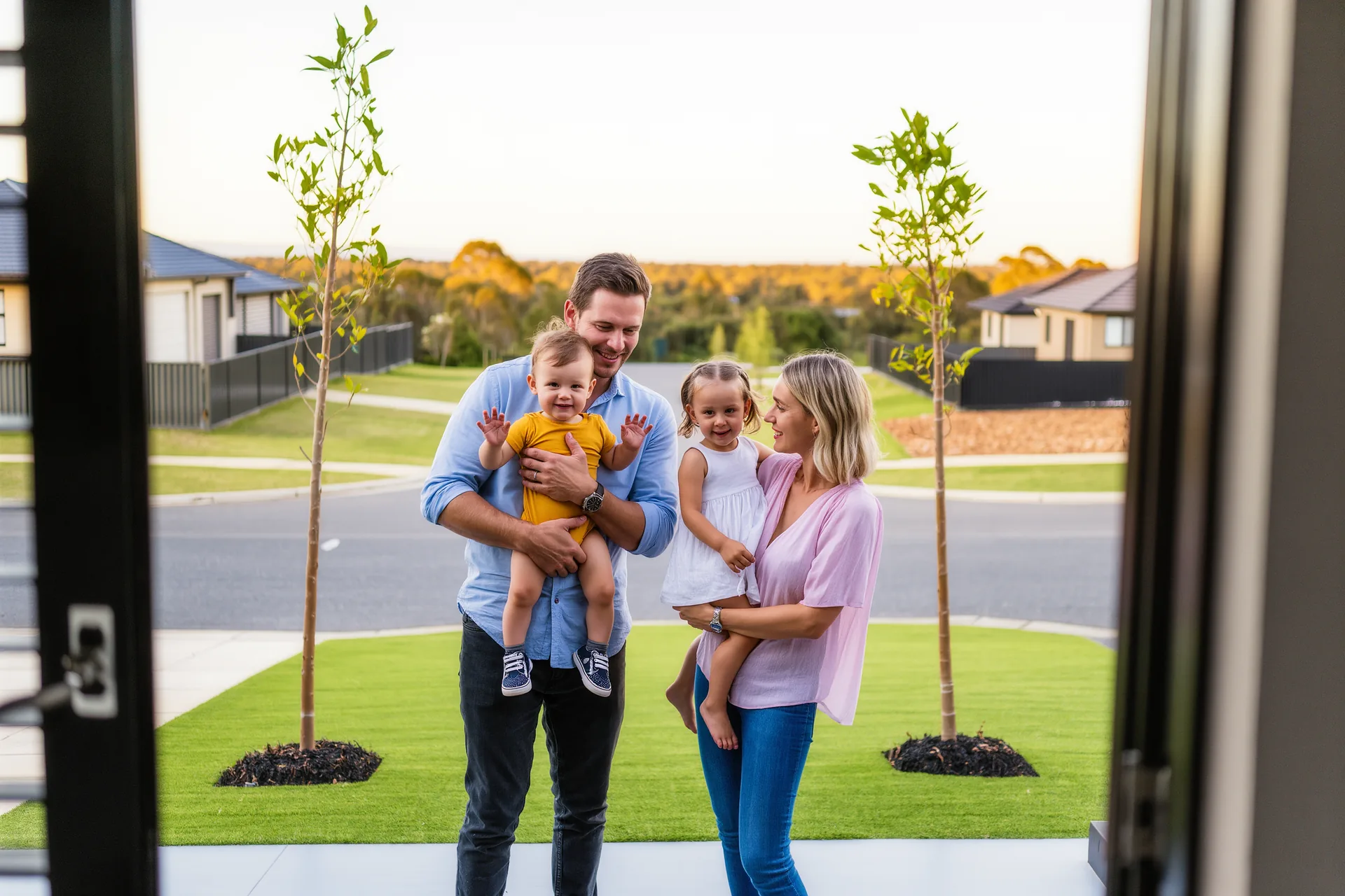 A young family outside their newly built home in a Clyde North community.
