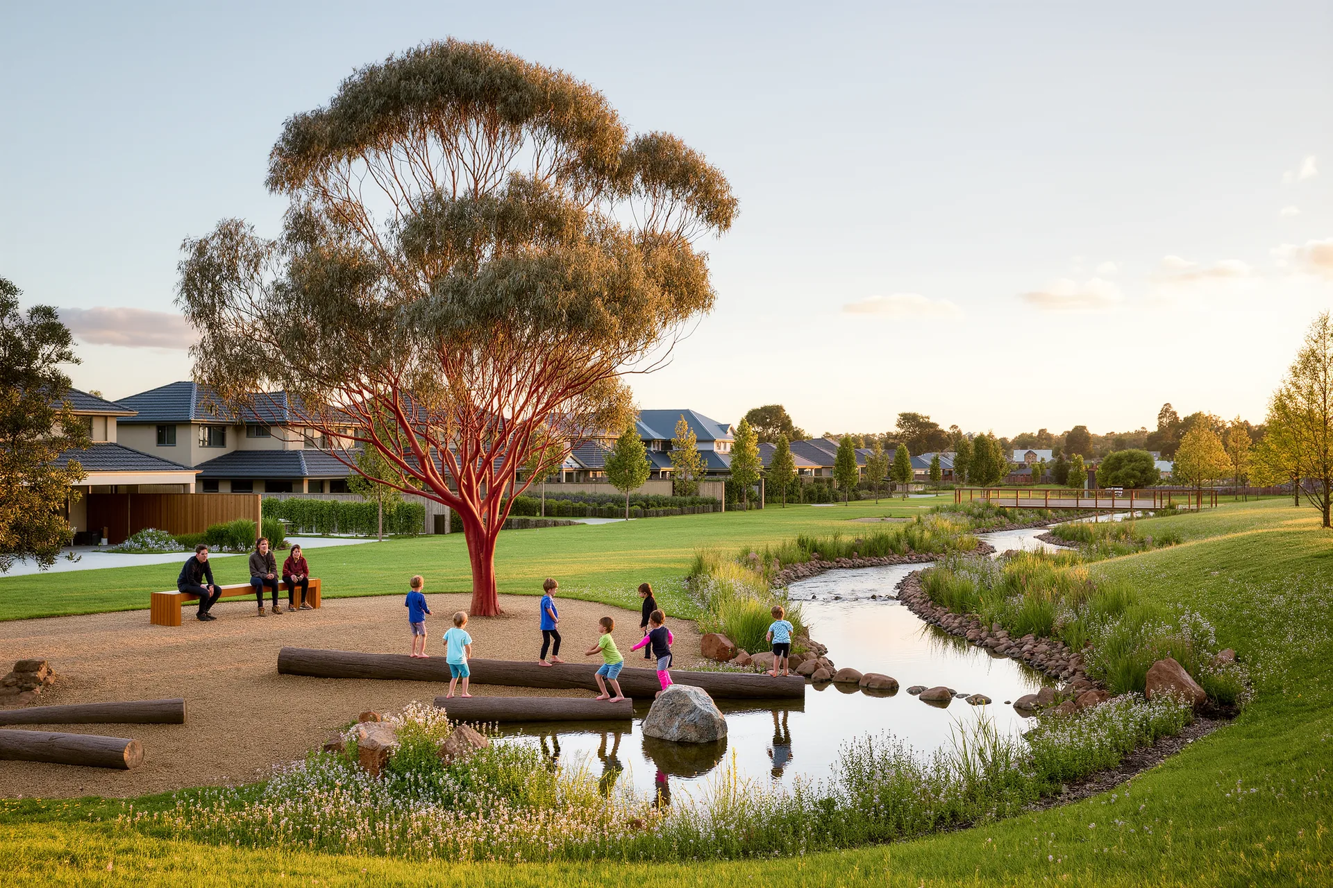 A leafy neighbourhood park with a modern playground and open lawns at Cardinia Creek South.