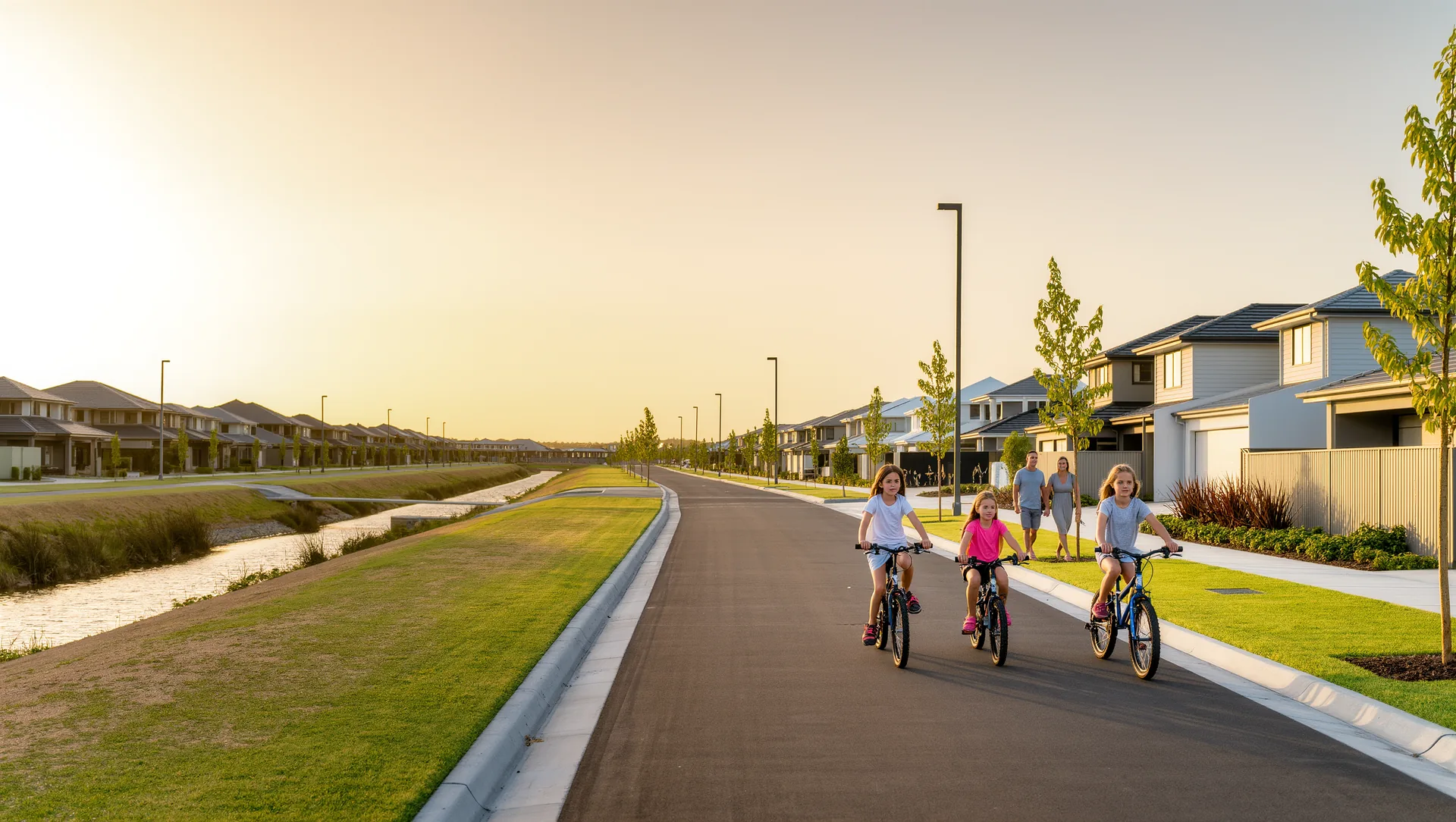 A new residential street at golden hour with contemporary family homes and street trees.